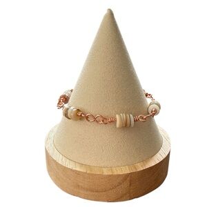 Copper Wire Wrapped Bracelet Cream/Tan Stacked Shell Rondelle Beads Size 7 (8”)